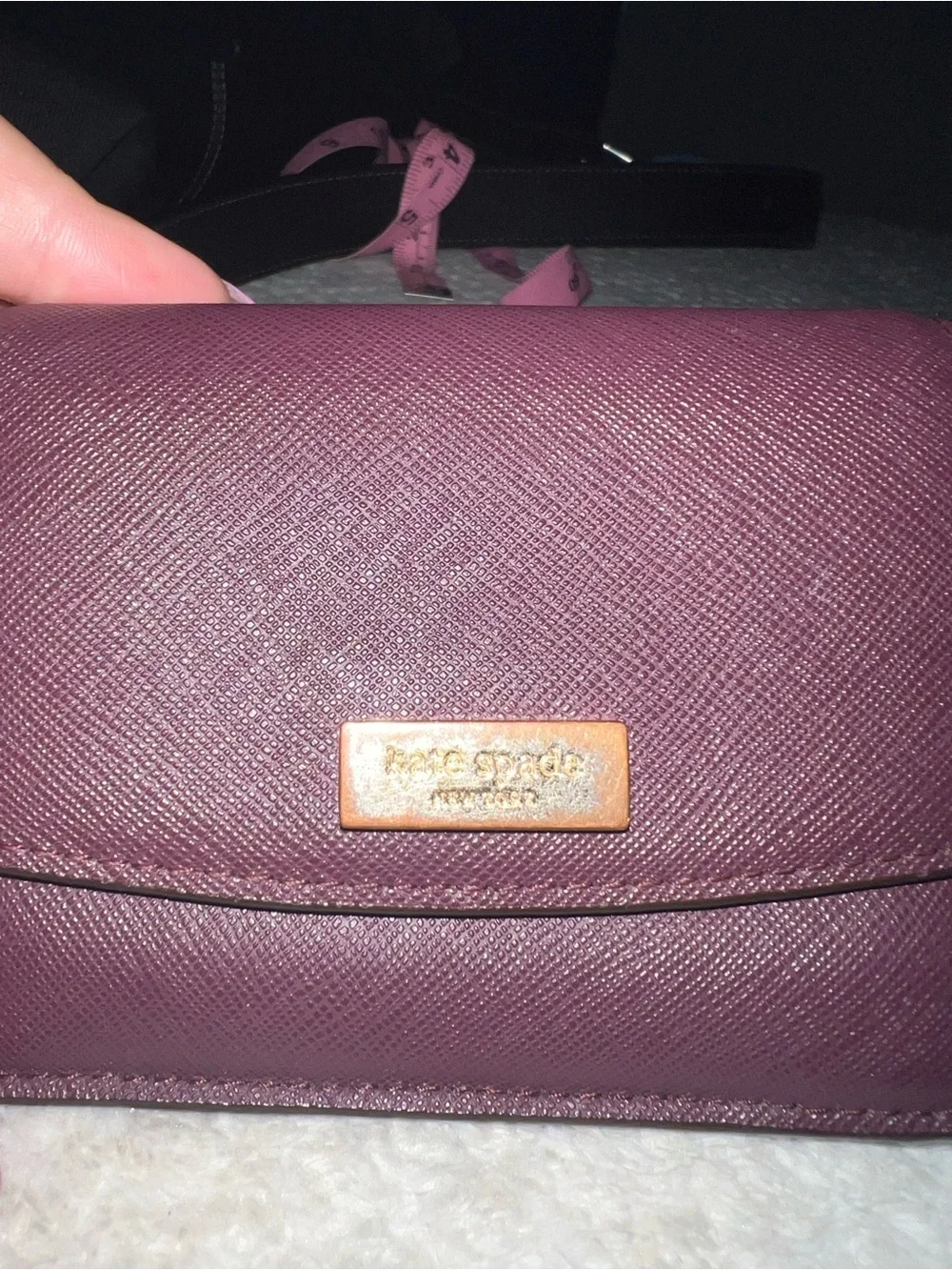 Vintage Kate Spade Small Plum Saffiano Leather Bifold Wallet with Gold Plaque